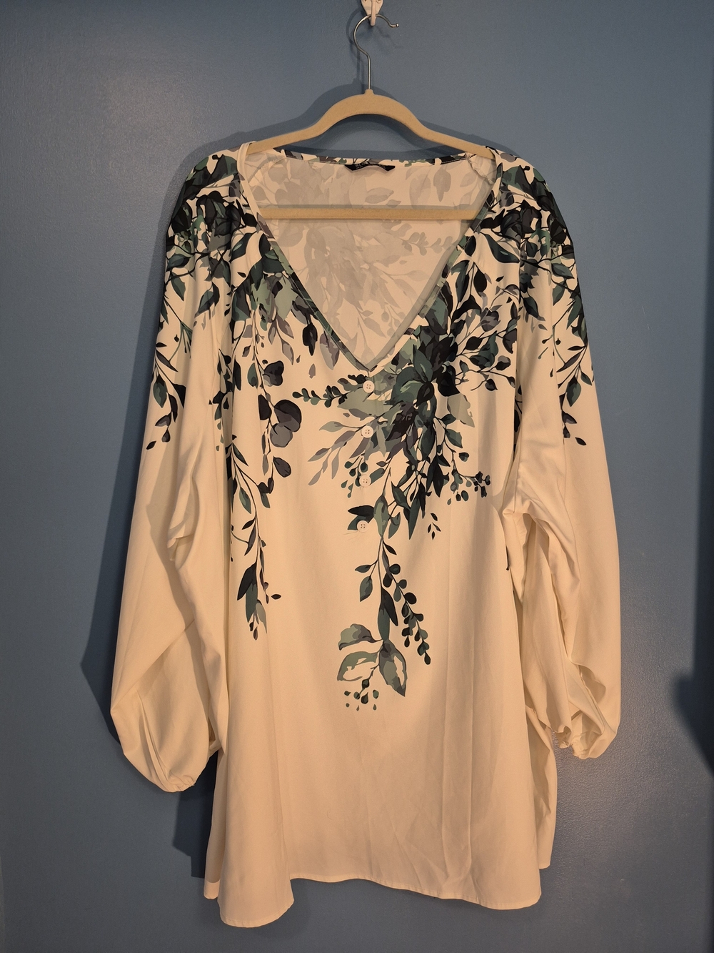 V-Neck Cream Tunic with Green Botanical Print